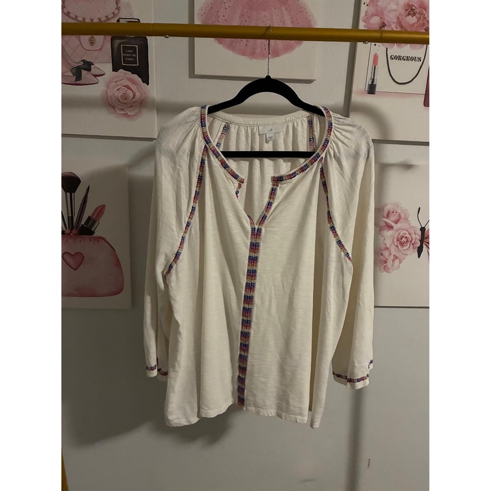 J.‎ Jill Cream Embroidered Split Neck 3/4 Sleeve Slub Knit Top Plus Size 3X